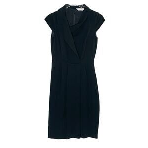 Max Mara M Womens Classic Black Sheath Dress Crepe Faux Wrap Cap Sleeves *flaw